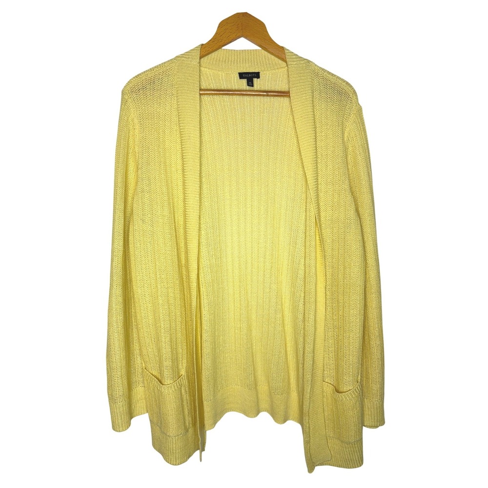 Talbots Cardigan XL Preppy Yellow 100% Linen Open Front Knit Pockets Sweater